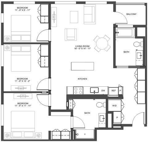 Floor plan for 3 beds, 2 baths, 1230 sqft